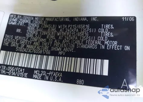 2006 Toyota Sienna Le z USA, uszkodzony, nr VIN 5TDZA23C76S581766